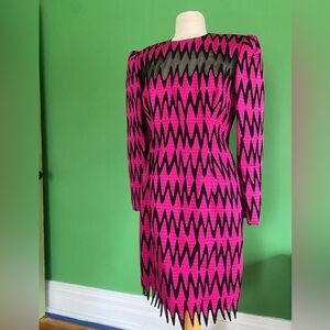 Vintage 90s Patricia Rhodes Pink and Black Zigzag wool silk extravsgant Dress